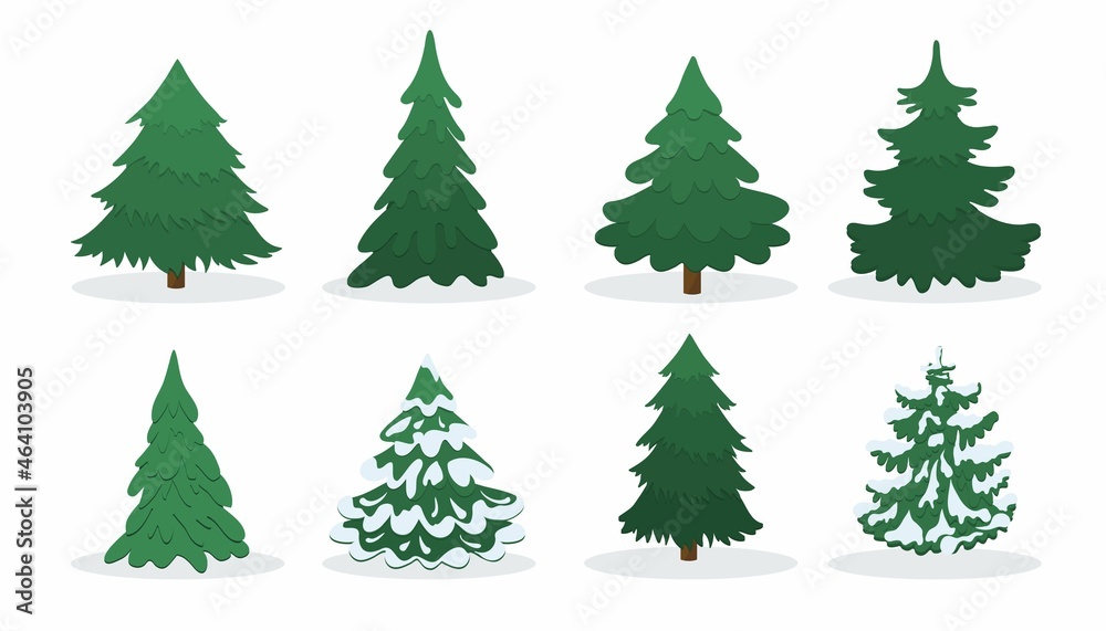 Pine tree flat style set. Cartoon pines collection. Christmas tree icon for banner, card, print, logo, poster, web, eco. Green trees decorative icons set on white background. Vector illustration.