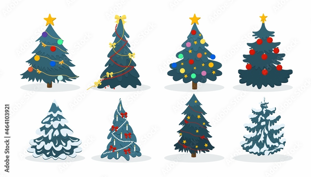 Christmas tree icon set with garland, stars, bows, snow and light bulb. New Year vector illustration. Flat style Xmas pines icon with ornaments for greeting card, banner, invitation, web, print etc. Christmas tree icon set with garland, stars, bows, snow and light bulb. New Year vector illustration. Flat style Xmas pines icon with ornaments for greeting card, banner, invitation, web, print etc.