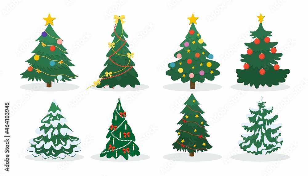 Christmas tree collection. Modern Xmas flat design vector illustration. New year pines decorated with snow, garland, candle, bow, ornaments. Cartoon Christmas tree set for greeting card, banner, web
