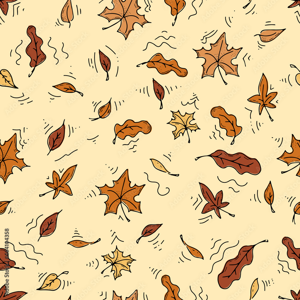 Fototapeta premium vector seamless doodle pattern with autumn leaves on a yellow background. Theme of the season. Design for banner, background for social networks, textiles, t-shirts, gift wrapping, wallpaper