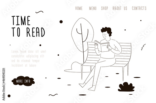 Relaxed man sitting and reading book on bench. Concept of spending free time, recreation and vacation. Guy read paper book. Weekend on nature or park