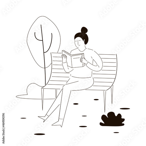 Relaxed doodle woman sitting and reading book on bench. Concept of calm spending time, recreation and vacation. Female vacationer read paper book