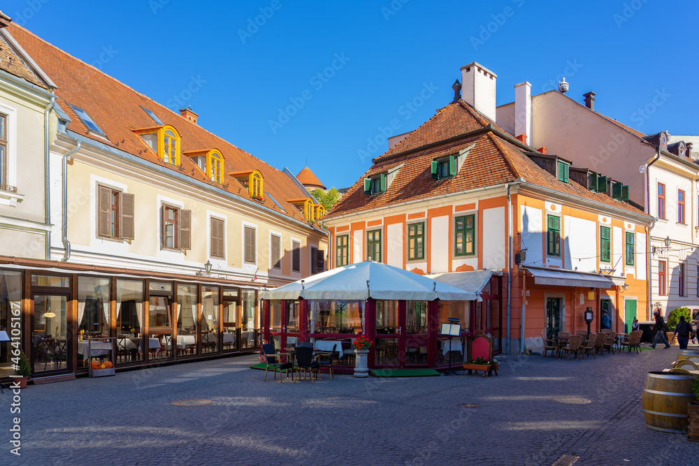 Colorful Dobo Square with restaurant tables in Eger Hungary