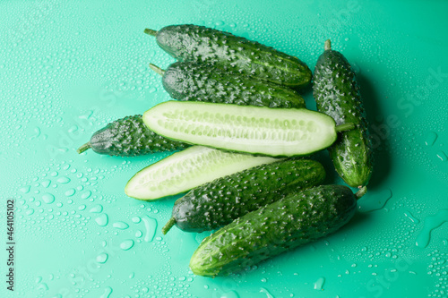 Set of fresh whole and sliced cucumbers on a green background with water drops. Garden cucumber wallpaper backdrop design