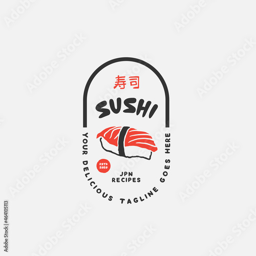 Sushi logo template. Japanese traditional cuisine, tasty food icon. japanese text translation "sushi". asian sushi bar vector logo.