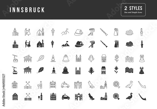 Innsbruck. Collection of perfectly simple monochrome icons for web design, app, and the most modern projects. Universal pack of classical signs for category Cities and Countries.