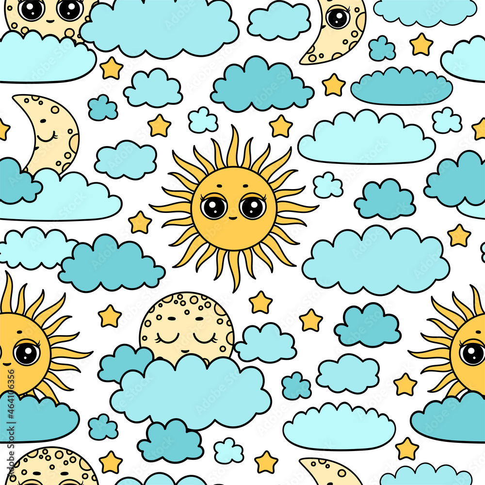 Kawaii sun and moon pattern. Full moon, sun, stars, clouds, young mooon print. Cute set of night icons. Night children background. Cartoon sun and moon face.Color pastel heavenly body.Bedtime stories Kawaii sun and moon pattern. Full moon, sun, stars, clouds, young mooon print. Cute set of night icons. Night children background. Cartoon sun and moon face.Color pastel heavenly body.Bedtime stories