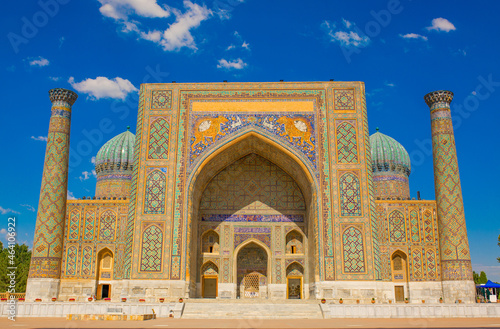 Beautiful facade of the Registan mosque building in Uzbekistan tourist city of Samarkand ancient Muslim buildings of the XV-XVII centuries