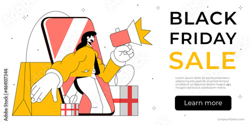 Black Friday Sale Banner Design. Woman shouting into loudspeaker about discounts. Social media or website shopping banner, seasonal sale, online shop advertisement with woman character. © Den VIII