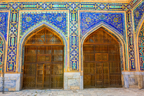 Beautiful facade of the Registan mosque building in Uzbekistan tourist city of Samarkand ancient Muslim buildings of the XV-XVII centuries
