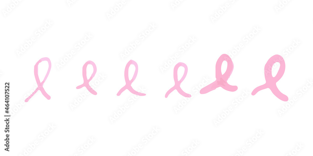Pink ribbons set. Hand drawn illustration with marker pen. Breast cancer awareness. Vector illustration, flat design