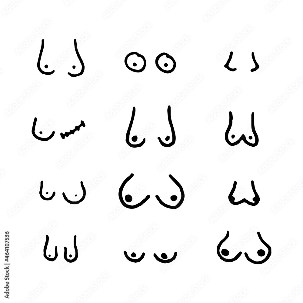 Different types of hand drawn breasts. Boobs set. Black color. Vector  illustration, flat design Stock Vector