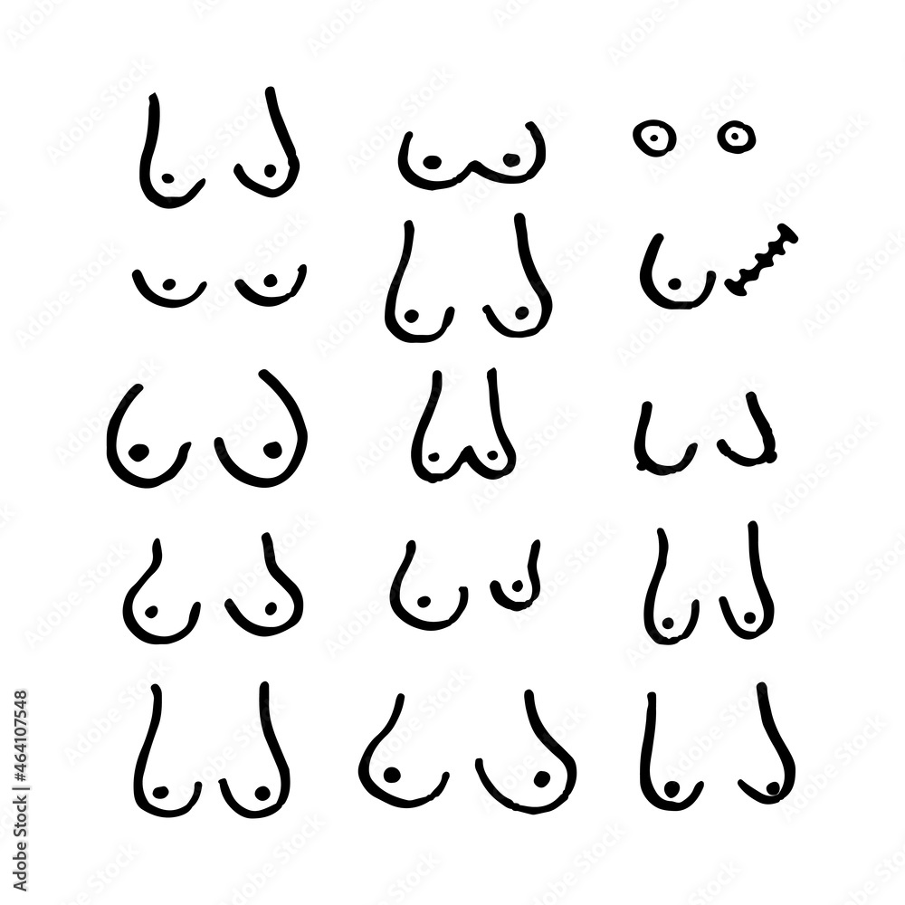 Different types of hand drawn breasts. Boobs set. Black color. Vector  illustration, flat design Stock Vector