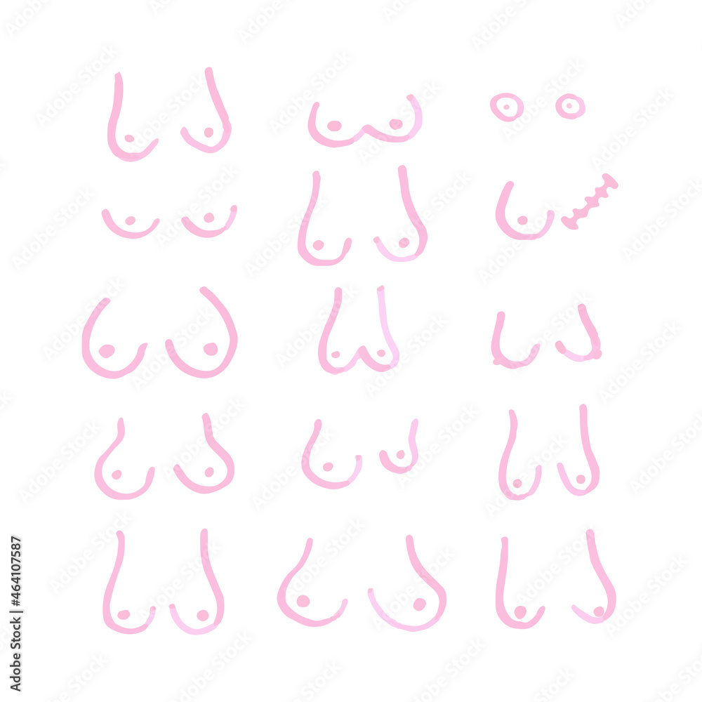 Vetor de Different types of hand drawn breasts. Boobs set. Pink marker pen.  Vector illustration, flat design do Stock