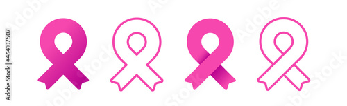 Pink ribbons set. Outline and filled icons. Minimalist style. Breast cancer awareness. Vector illustration, flat design