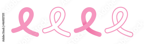 Pink ribbons set. Outline and filled icons. Breast cancer awareness. Vector illustration, flat design