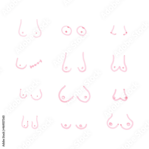 Different types of hand drawn breasts. Boobs set. Pink marker pen. Vector illustration, flat design