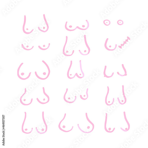 Different types of hand drawn breasts. Boobs set. Pink marker pen. Vector illustration, flat design