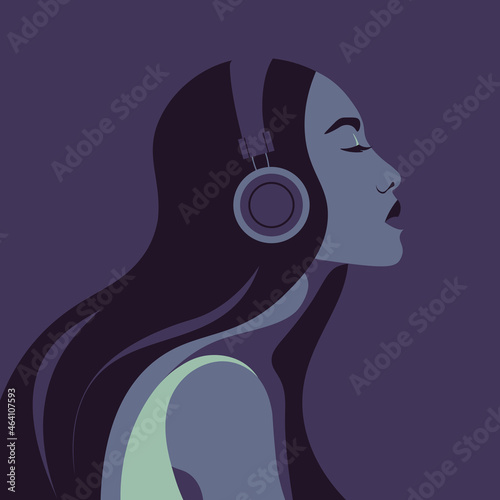 Asian woman listens to music on headphones. Music therapy. Profile of a musician. Fashion avatar of a teenager. Vector flat illustration.