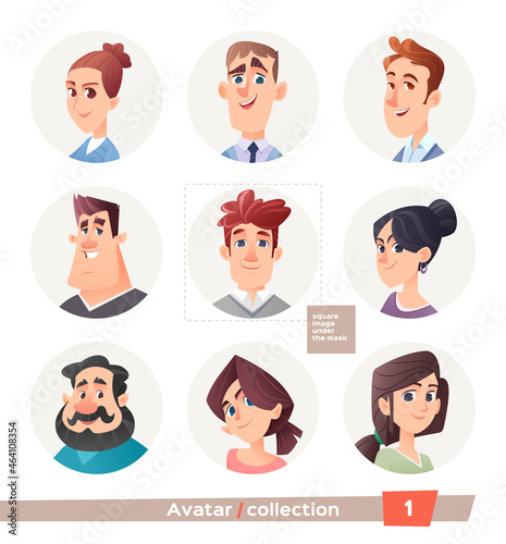 Collection of avatars, people. A set of user faces for a web forum or account. Icons of men and women.