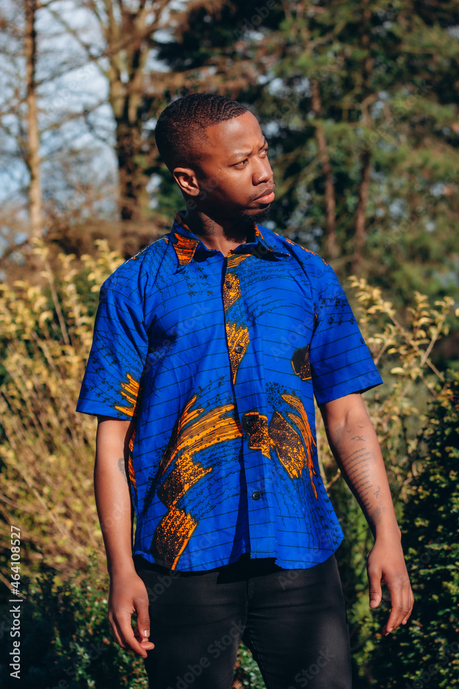 Young African man walking in the park. Handsome young man with brown skin. Stylish black man with afro hair wearing African print blue shirt Young African man walking in the park. Handsome young man with brown skin. Stylish black man with afro hair wearing African print blue shirt