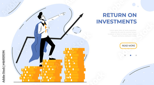 Return on investment Banner Template. Investment Strategy, income growth, budget planning, mutual fund, pension savings account, interest rate vector flat concept.