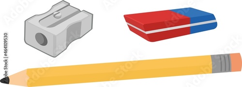 Vector illustration of pencil, eraser and a sharpener