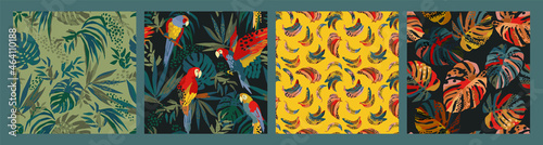 Set of abstract tropical seamless patterns. Parrots, bananas, tropical plants. Modern exotic design