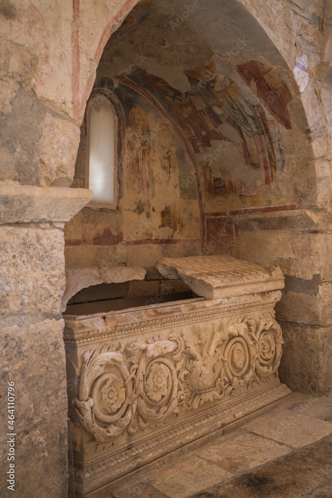 Obraz premium View of the frescoes inside Saint Nicholas (Santa Claus) Church at natural daylight in Demre, Antalya Turkey 