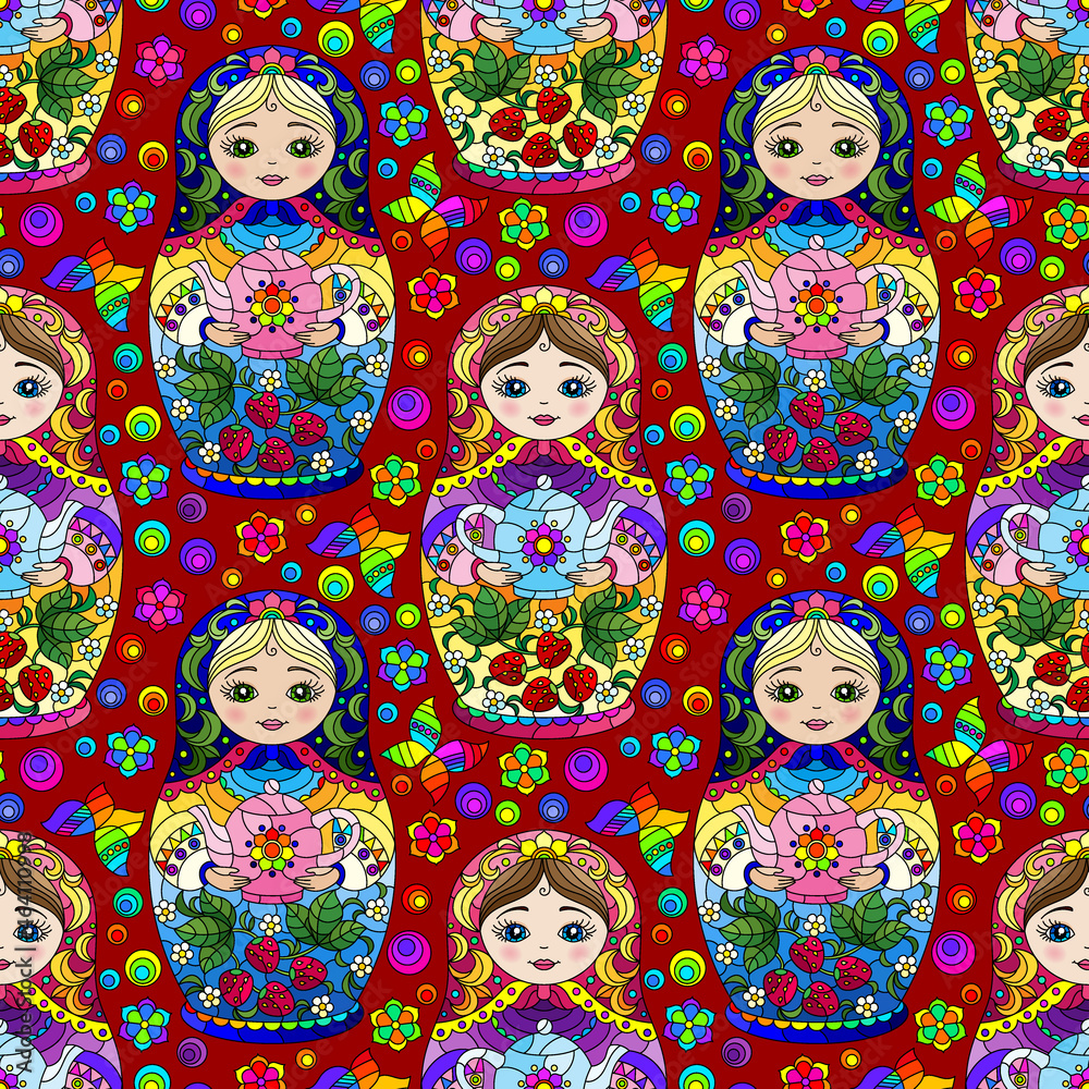 Seamless pattern with bright Russian dolls and butterflies, toys on a red background