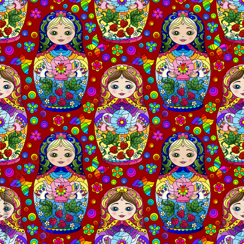 Seamless pattern with bright Russian dolls and butterflies, toys on a red background