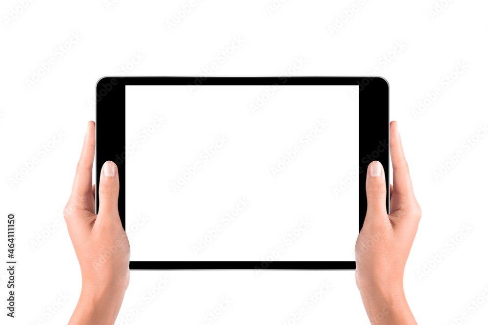 Hands holding digital tablet with blank screen on white background Hands holding digital tablet with blank screen on white background