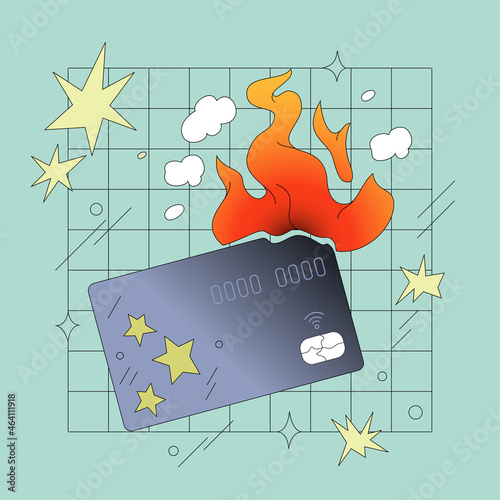 Burning Credit Card Comic Style Illustration