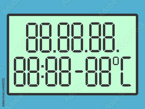 Green digital display template with digits, date, time and temperature. Weather, climate, meteorology concept. Flat design. Vector illustration. EPS 8, no gradients, no transparency