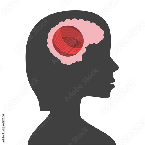 Ball of yarn, thread inside brain of woman. Knitting, crocheting, mind, thinking, order, organization, self-discipline concept. Flat design. Vector illustration. EPS 8, no gradients, no transparency
