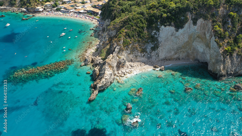Aerial drone photo of small rocky cove near popular traditional village of Agios Nikitas, Lefkada island, Ionian, Greece