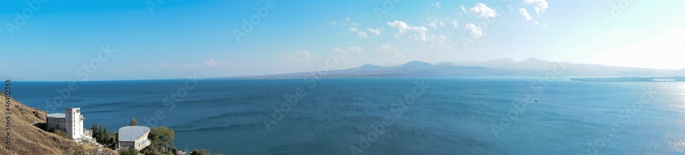 Armenia, Lake Sevan, September 2021. Panoramic view of the lake and the tourist complex from the site near the monastery.