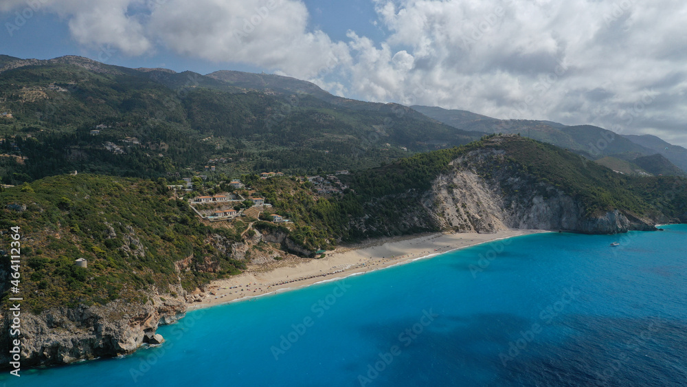 Aerial drone photo of paradise secluded sandy beach of Milos in island of Lefkada, Ionian, Greece