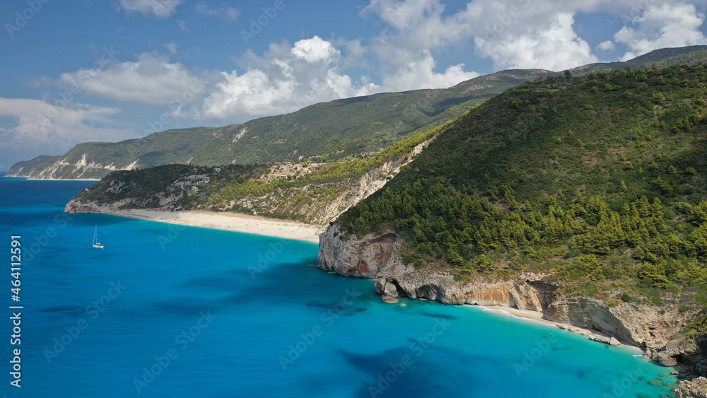 Aerial drone photo of paradise secluded sandy beach of Milos in island of Lefkada, Ionian, Greece