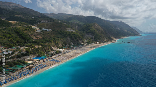 Aerial drone photo of organised paradise beach of Kathisma  Lefkada island  Ionian  Greece