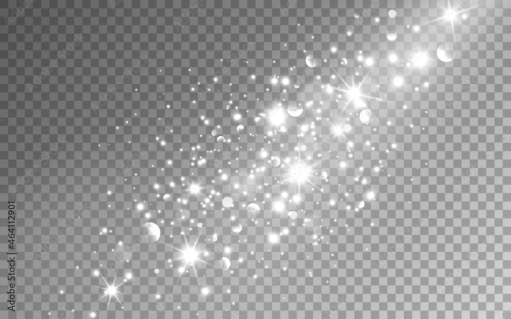 Silver sparkles. White stardust effect. Christmas light with glitter and silver stars. Magic glowing particles for greeting card, poster or brochure. Vector illustration Silver sparkles. White stardust effect. Christmas light with glitter and silver stars. Magic glowing particles for greeting card, poster or brochure. Vector illustration