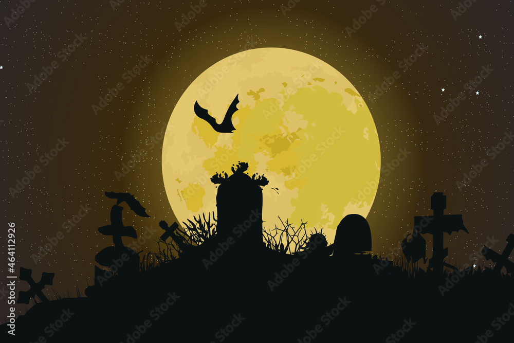graveyard with zombies and monsters with tombstones and crosses. Vector