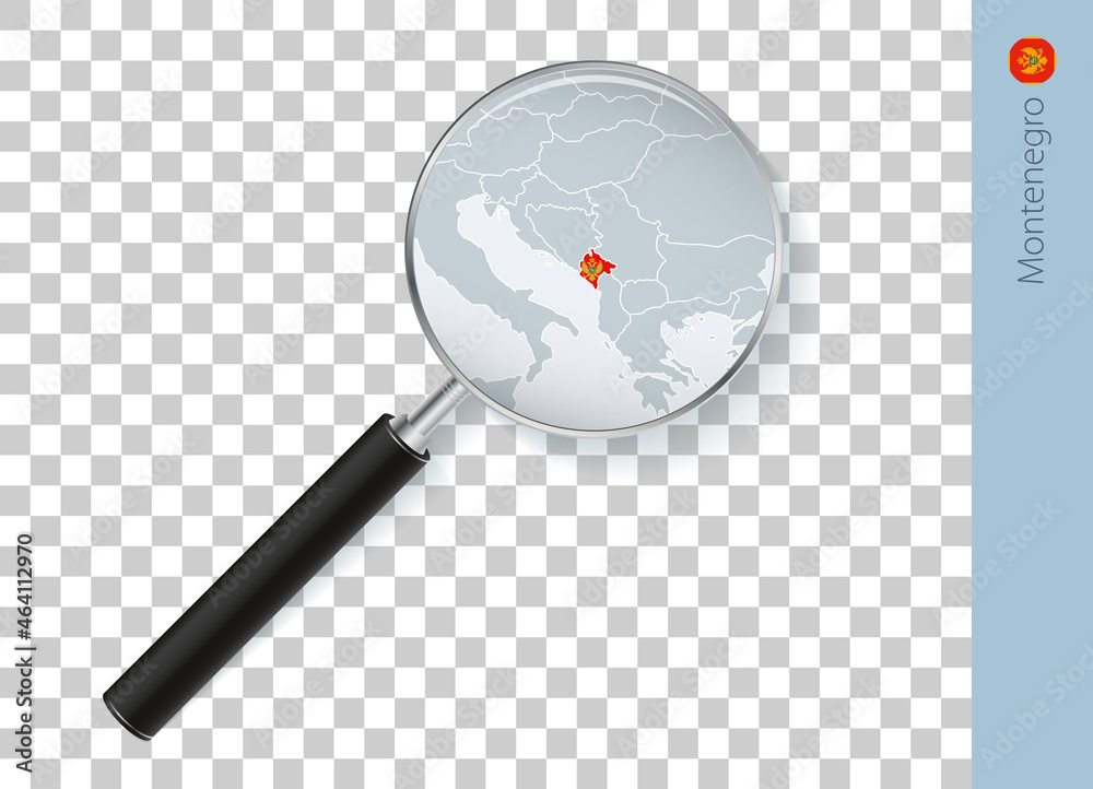Montenegro map with flag in magnifying glass on transparent background. Montenegro map with flag in magnifying glass on transparent background.