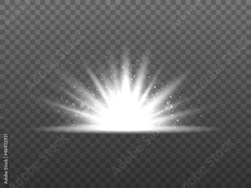Silver light effect. Glowing white star with bright particles and bokeh. Magic glittering burst with dust. Silver shining explosion. Sparkling flash isolated. Vector illustration