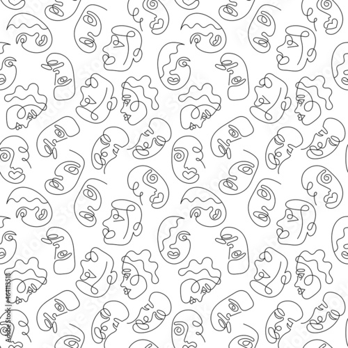 One line art face woman and man seamless pattern. Modern minimalist abstract portrait. Seamless background