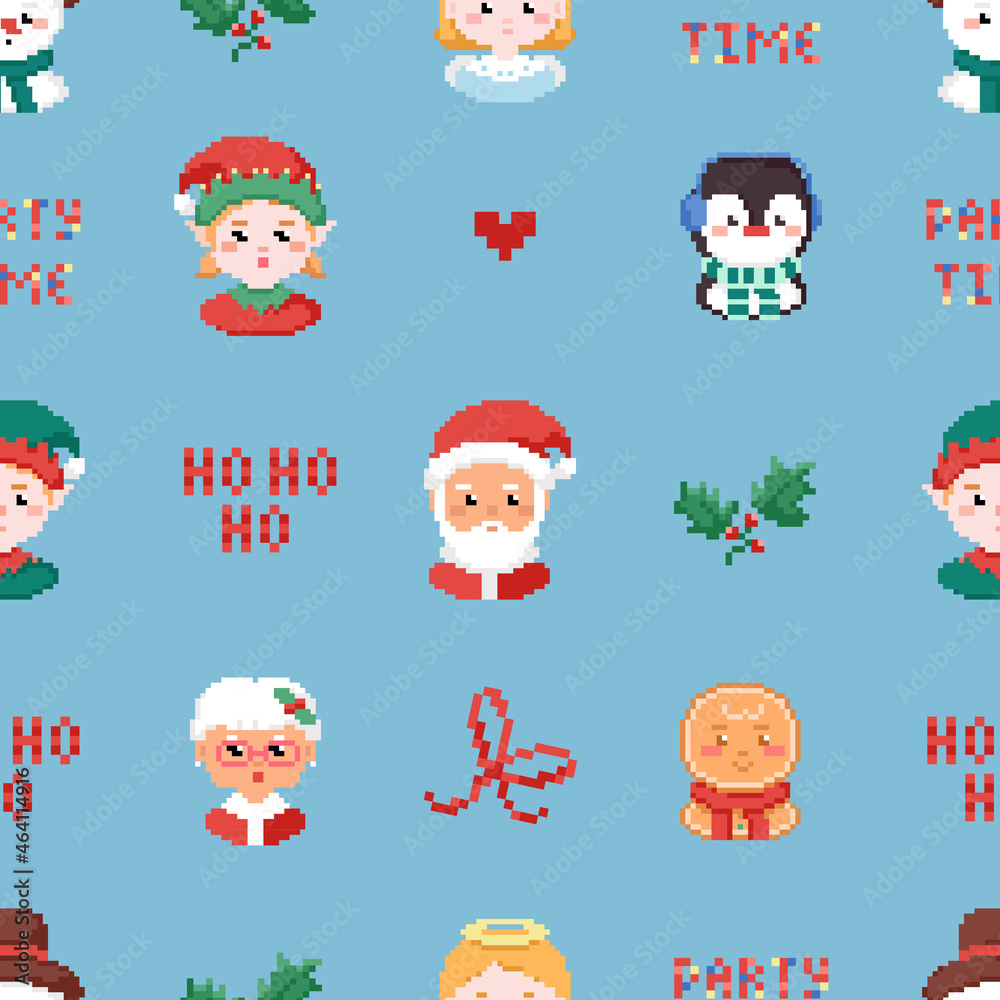Christmas pixel art seamless pattern with Gingerbread cookie man, santa elf, granny mrs Claus, penguin, ho ho ho text and christmas wreath. Vector square tile background illustration.
