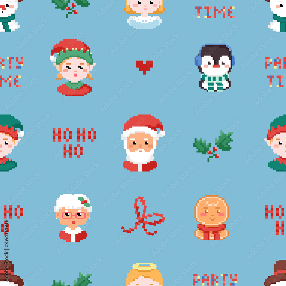 Christmas pixel art seamless pattern with Gingerbread cookie man, santa elf, granny mrs Claus, penguin, ho ho ho text and christmas wreath. Vector square tile background illustration.
Christmas pixel art seamless pattern with Gingerbread cookie man, santa elf, granny mrs Claus, penguin, ho ho ho text and christmas wreath. Vector square tile background illustration.