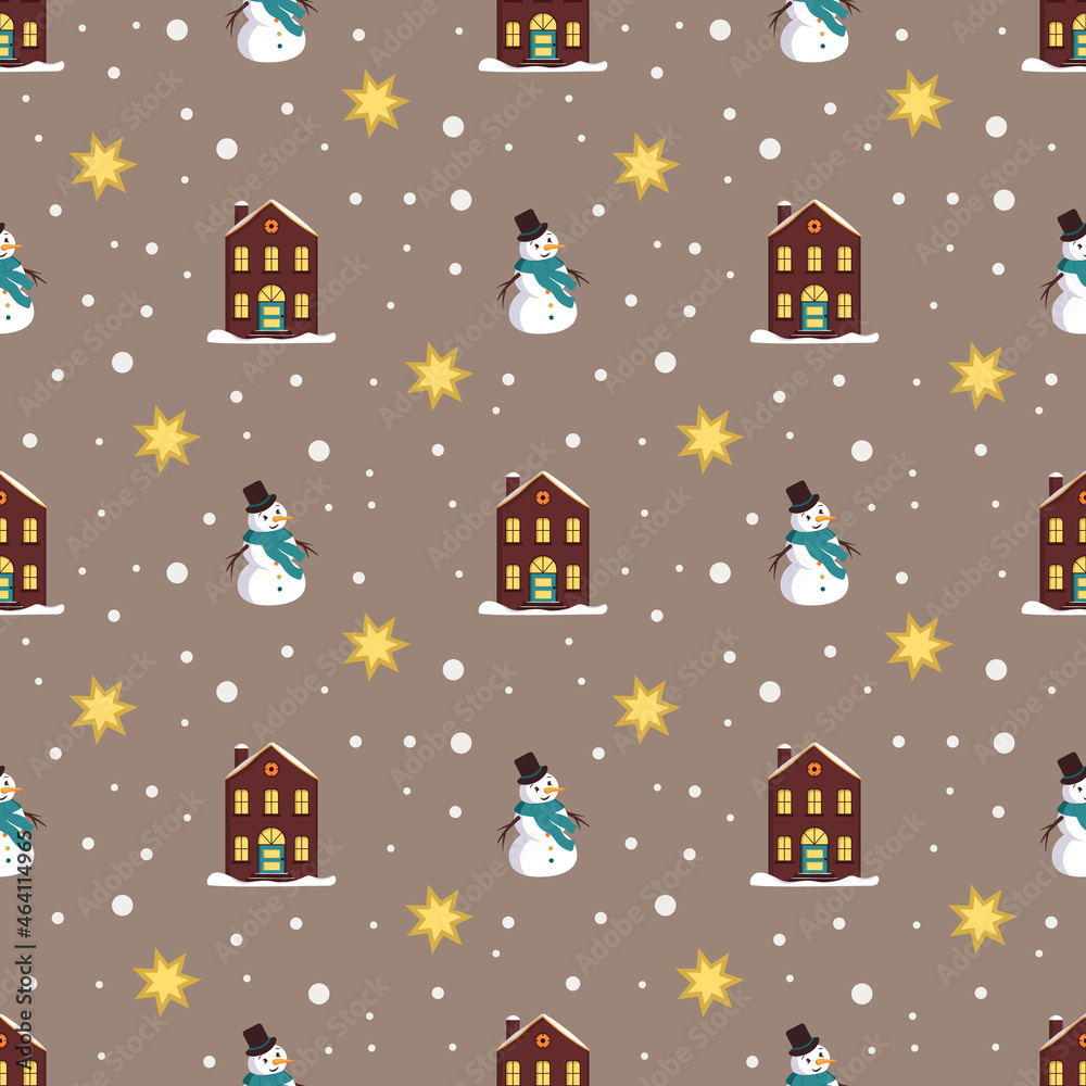 Seamless pattern with festive Christmas houses, snowman, stars and snowflakes on gold background. Bright print for the New Year and winter holidays for wrapping paper, textiles and design.