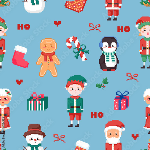 Christmas pixel art seamless pattern with Gingerbread cookie man, santa elf, snowman, penguin, candy cane and christmas wreath. Vector square tile background illustration.

