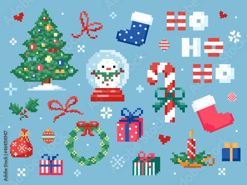 Pixel art Christmas elements clip art pack. 8 bit vintage video game style decorations set like christmas tree  socks  candy cane  gift  christmas wreath  snow globe. Vector pixel art cute stuff 